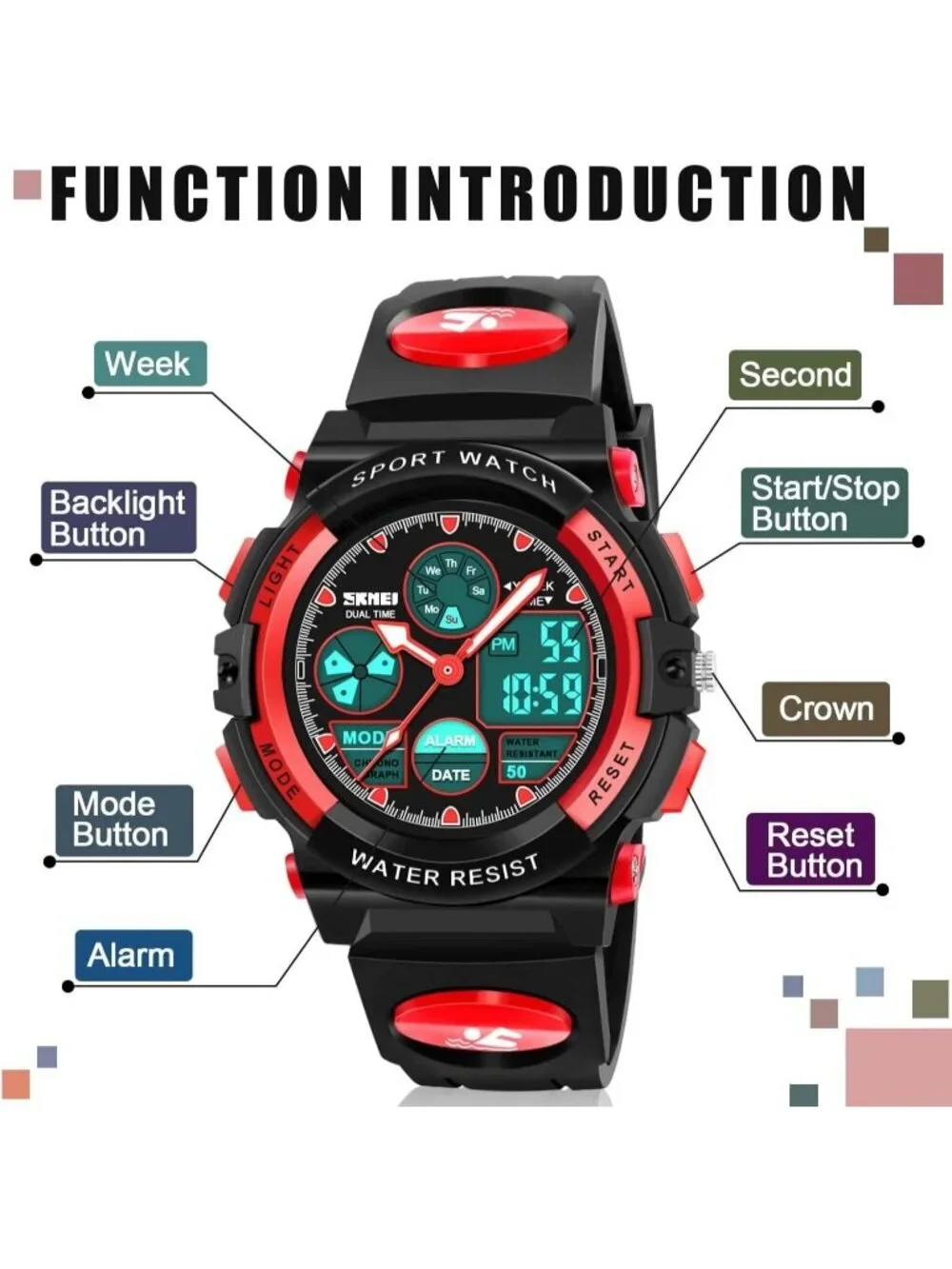 Kid's Black Red Analog Quartz Multi Function Waterproof Round LED Digital Watch